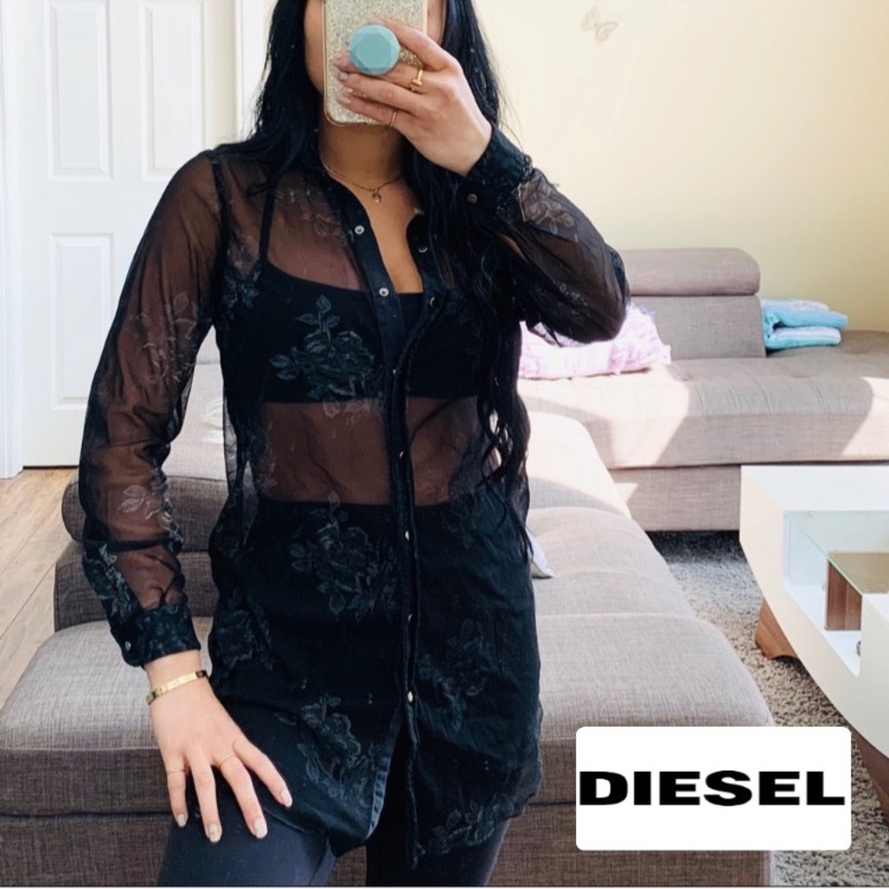 DIESEL MESH FLORAL LONG SLEEVE SHIRT